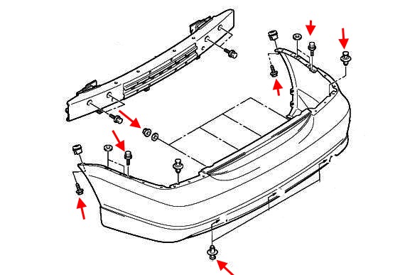 Diagrama de montaje del parachoques trasero Mitsubishi Lancer (1995-2007)