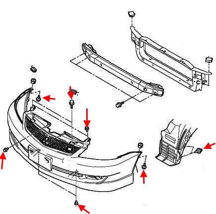 Diagrama de montaje del parachoques delantero Mitsubishi Lancer (1995-2007)