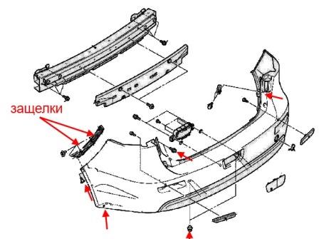 схема крепления заднего бампера Mitsubishi Lancer (2007–2017)