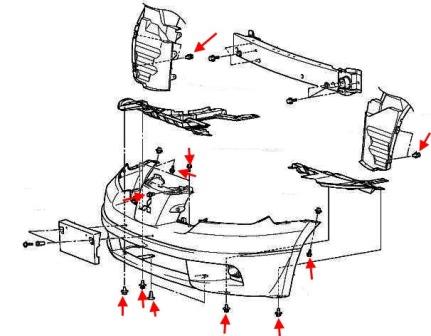 Montageplan für die vordere Stoßstange des Mitsubishi Outlander 1 (Airtrek) (2001-2006)