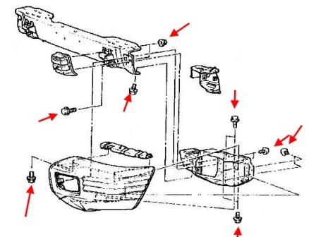 Schéma de montage du pare-chocs avant Mitsubishi Pajero / Montero II (1991–2004)