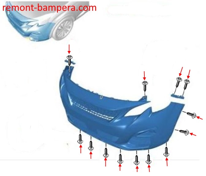 Front bumper attachment scheme Peugeot 3008 II (2016-2023)