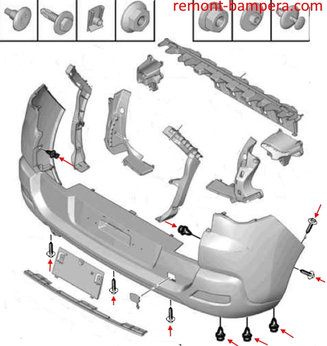 Схема крепления заднего бампера Peugeot 3008 I (2008-2016)
