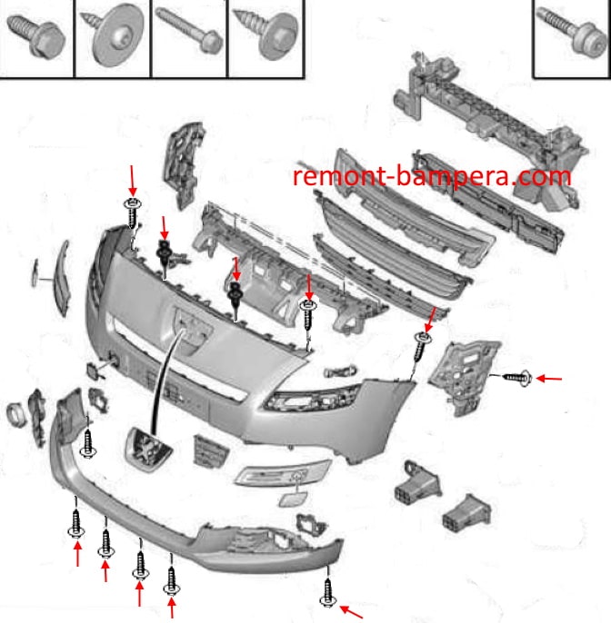 Front bumper mounting scheme Peugeot 5008 I (2009-2016)