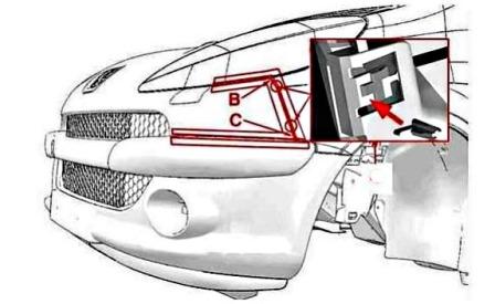 the scheme of fastening of the front bumper Peugeot 1007