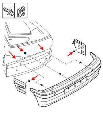 Montageschema für die hintere Stoßstange Peugeot 106