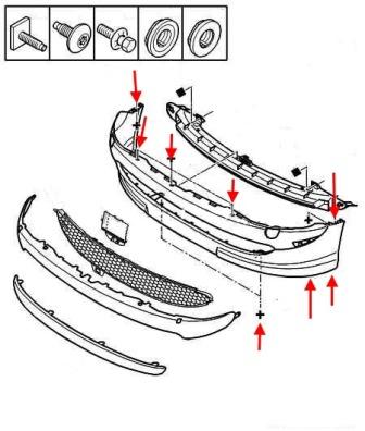 Schéma de montage du pare-chocs avant Peugeot 206