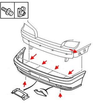 the scheme of fastening of the rear bumper Peugeot 306