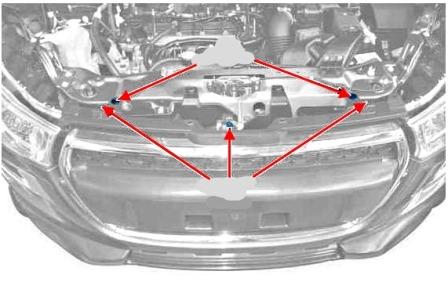 the scheme of fastening of the front bumper of the Peugeot 4008