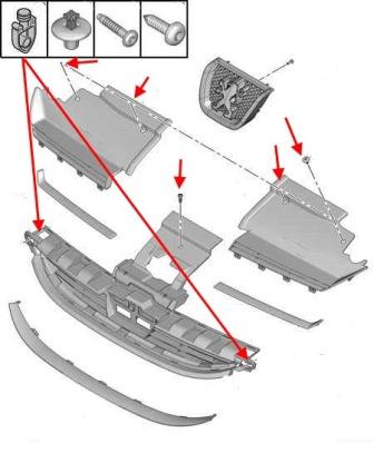 Schéma de montage du pare-chocs avant Peugeot 607