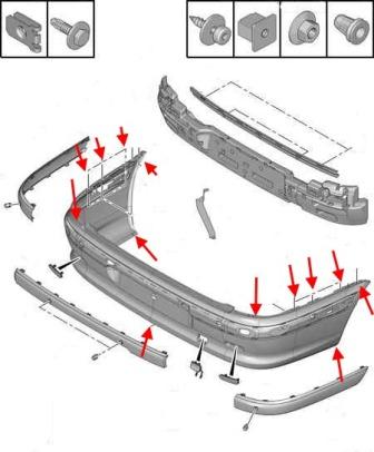 Schéma de montage du pare-chocs arrière Peugeot 607