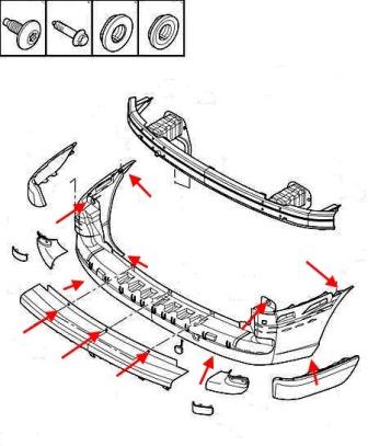 the scheme of fastening of the rear bumper Peugeot 807