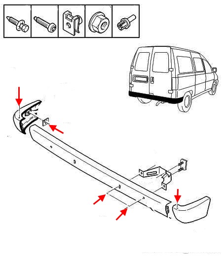 the scheme of fastening of the rear bumper Peugeot Expert (1995-2006)