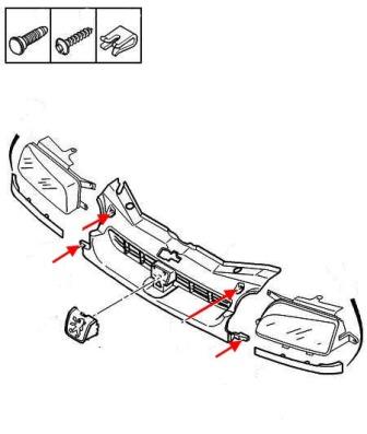 schema di montaggio della griglia del radiatore Peugeot Partner (1996-2002)