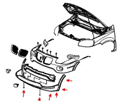 Schéma de montage du pare-chocs avant Pontiac Montana (2005-2009)