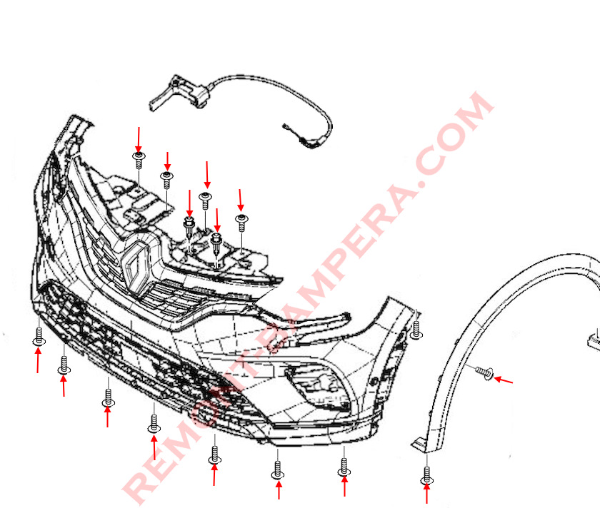 Schema di montaggio del paraurti anteriore della Renault Captur II