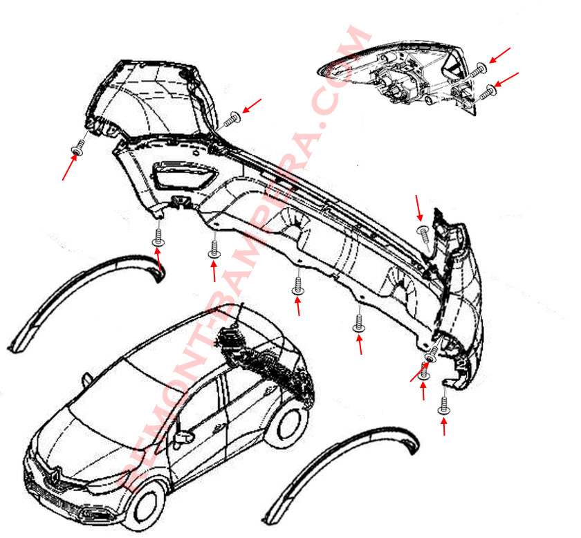 Diagrama de montaje del parachoques trasero Renault Captur
