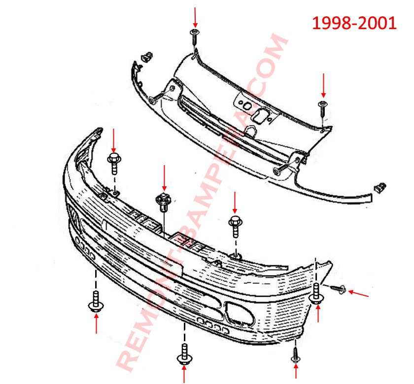 Diagrama de montaje del parachoques delantero del Renault Clio II (1998-2001)