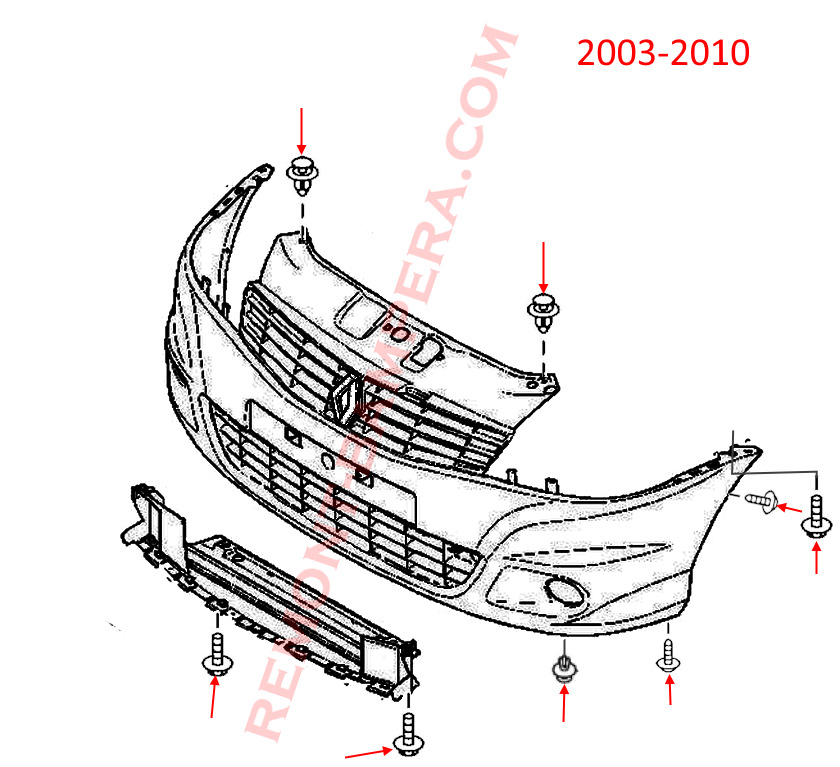 Diagrama de montaje del parachoques delantero Renault Clio II (2003–2010)