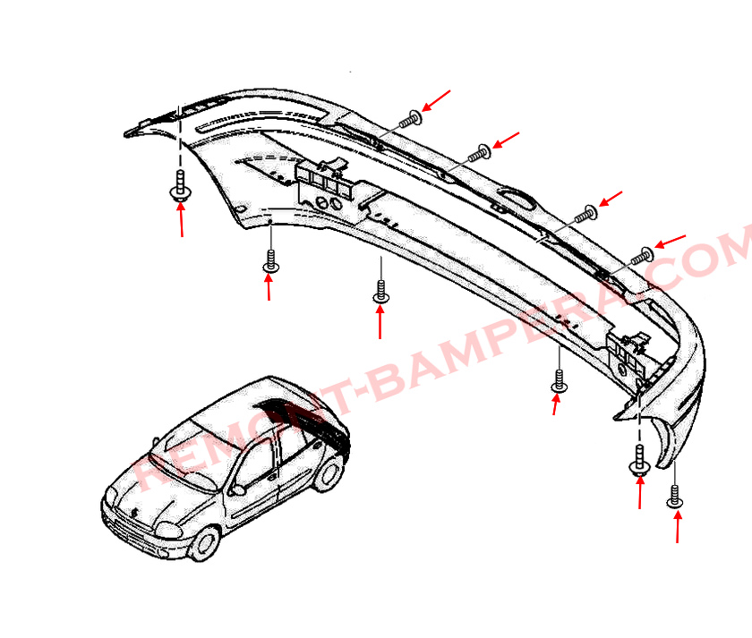 Diagrama de montaje del parachoques trasero Renault Clio II (1998–2010)