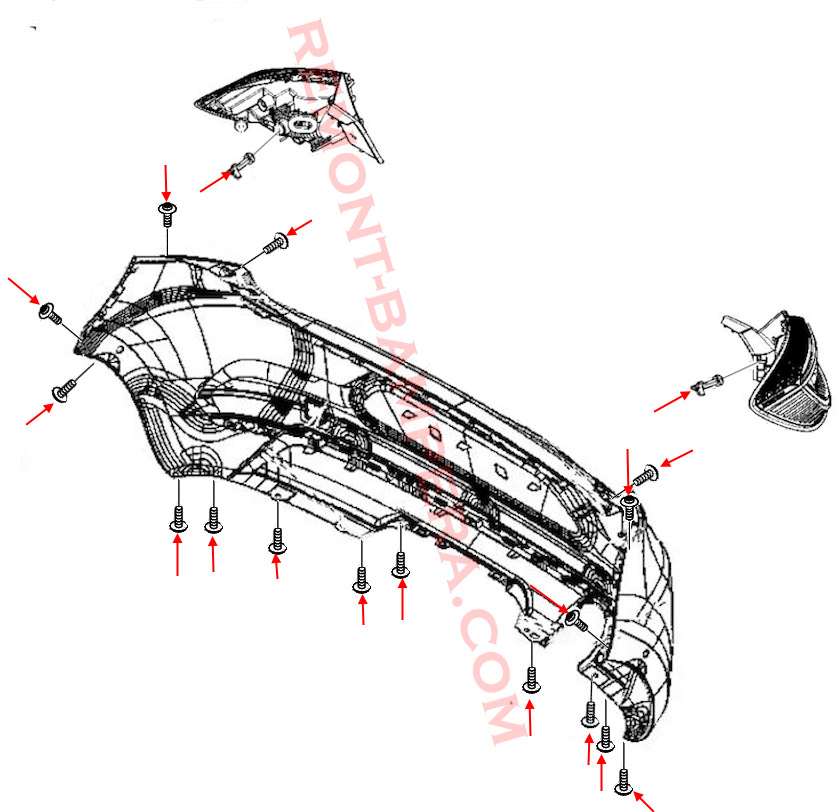Diagrama de montaje del parachoques trasero Renault Clio V