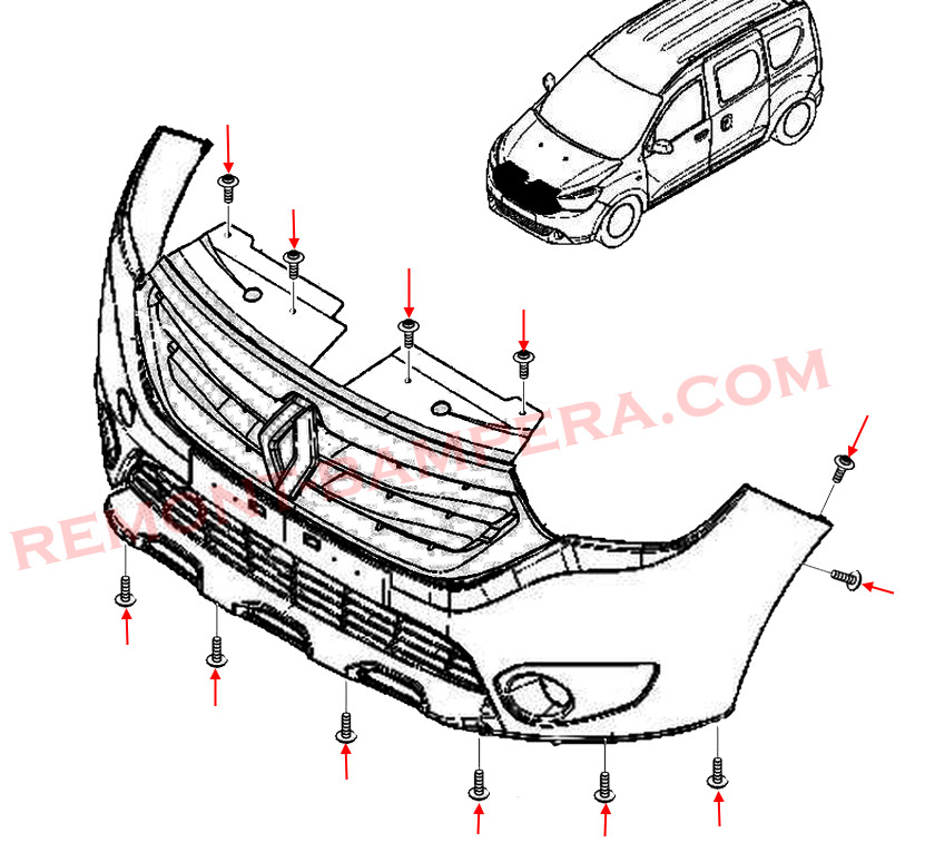 Montagediagramm für die vordere Stoßstange von Renault (Dacia) Dokker