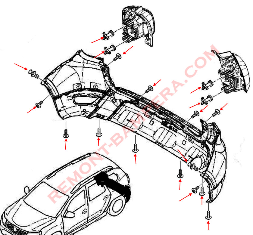 Montageschema für die hintere Stoßstange Renault (Dacia) Duster II