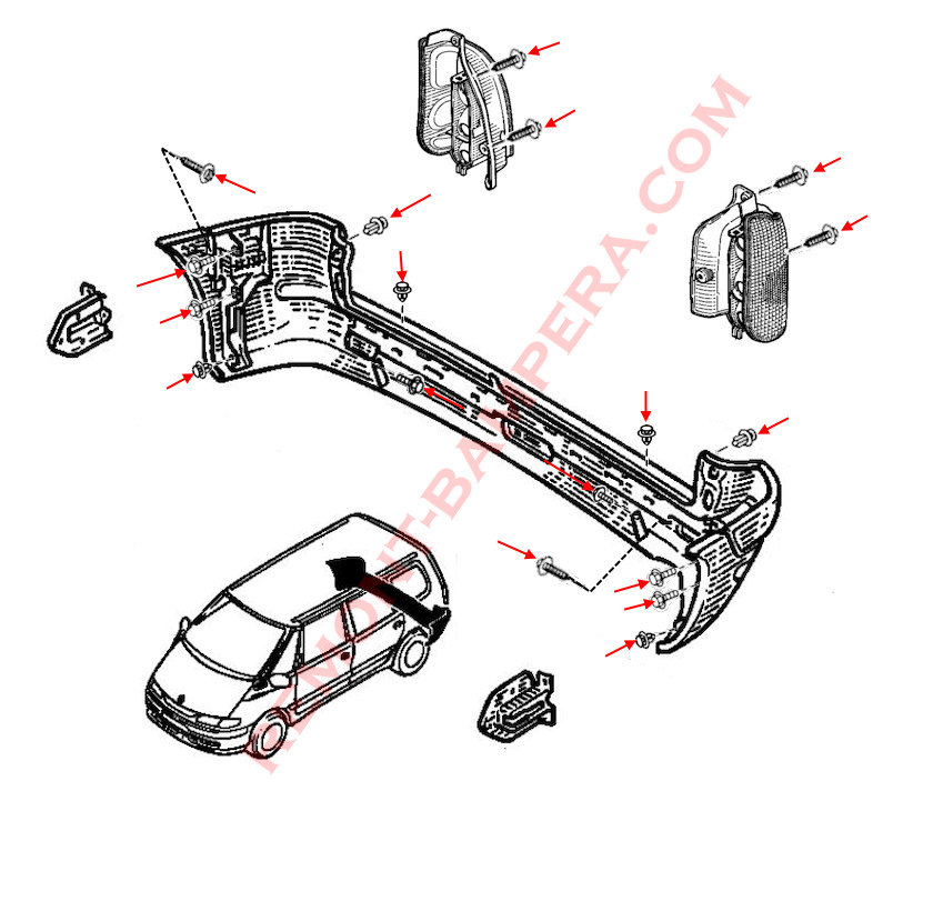 Schéma de montage du pare-chocs arrière du Renault Espace III