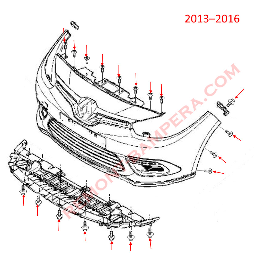 Front bumper mounting diagram Renault Fluence 2013-2016