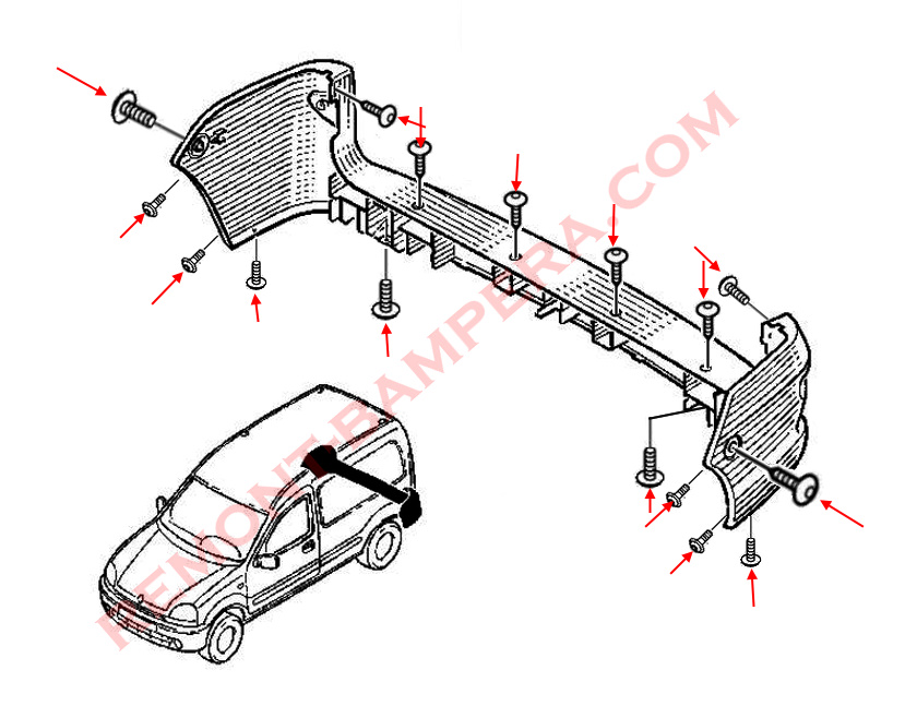 schema di montaggio del paraurti posteriore Renault Kangoo I