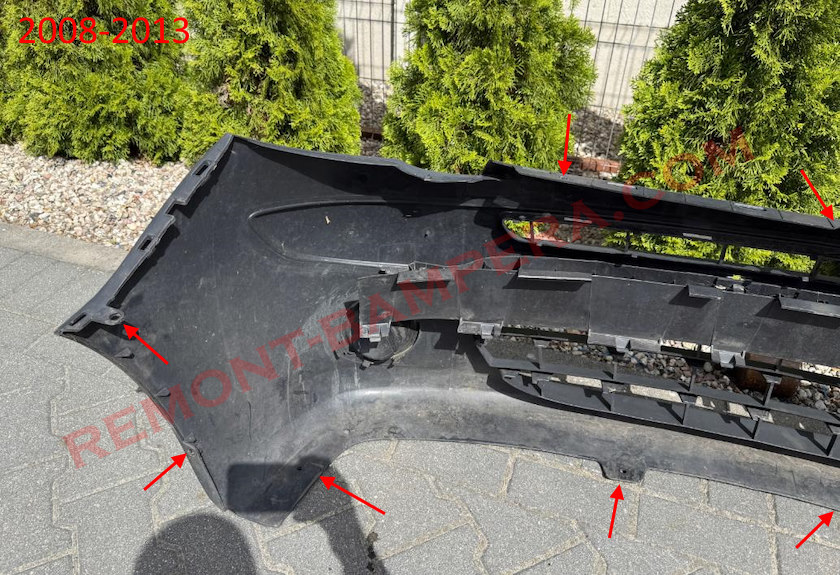 Ubicaciones de montaje del parachoques delantero Renault Kangoo II 2008-2013