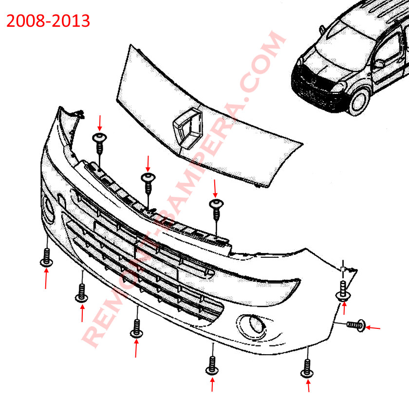 Diagrama de fijación del parachoques delantero del Renault Kangoo II 2008-2013