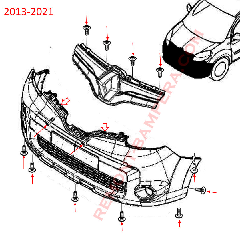 Diagrama de fijación del parachoques delantero del Renault Kangoo II 2013-2021