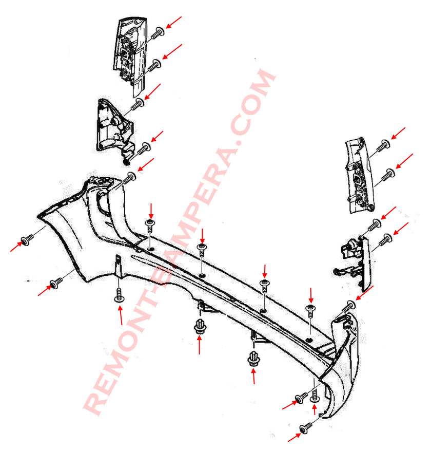 Diagrama de montaje del parachoques trasero Renault Kangoo II 2008-2021