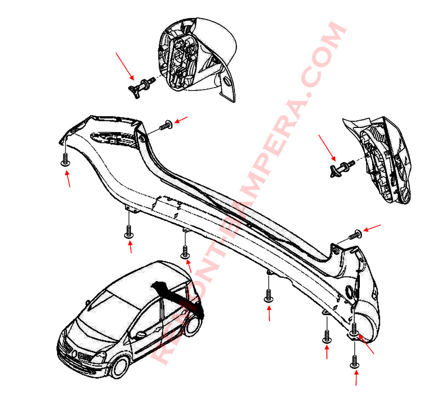 Схема крепления заднего бампера Renault Modus 
