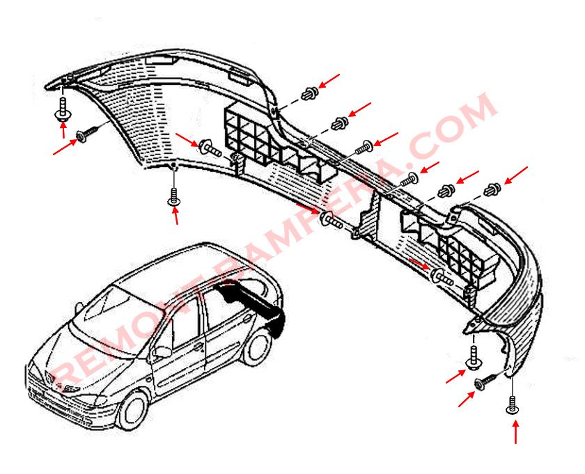 Montageschema für die hintere Stoßstange Renault Scenic I