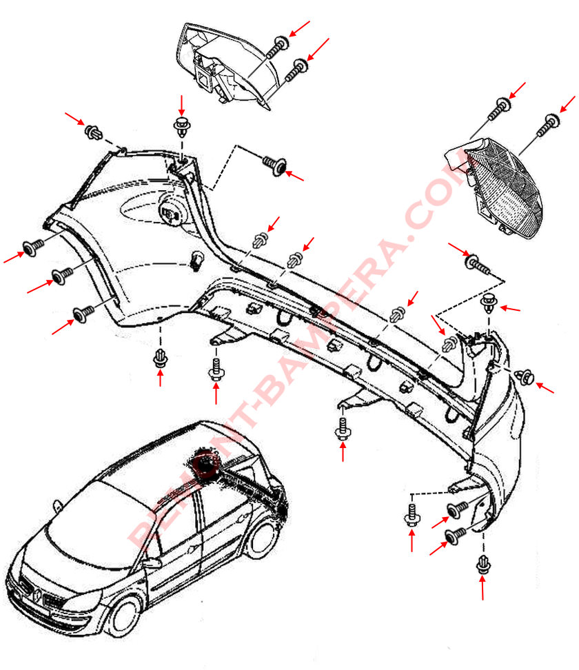 Rear bumper mounting diagram Renault Scenic II