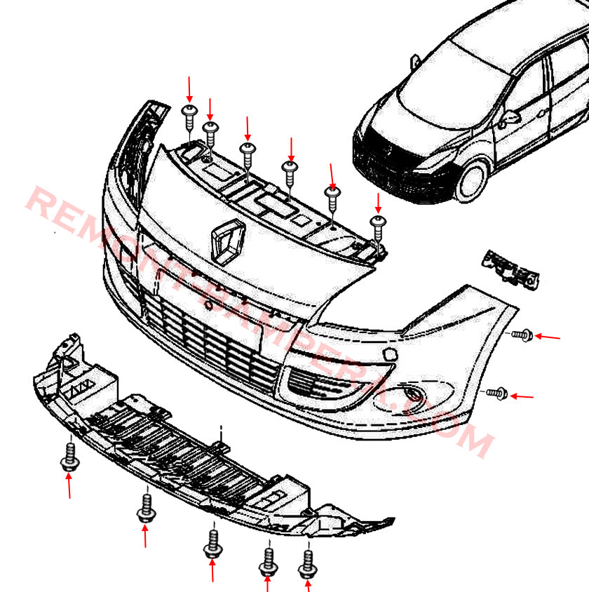 схема крепления переднего бампера Renault Scenic III 