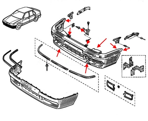 Schéma de fixation pare choc avant Renault 19