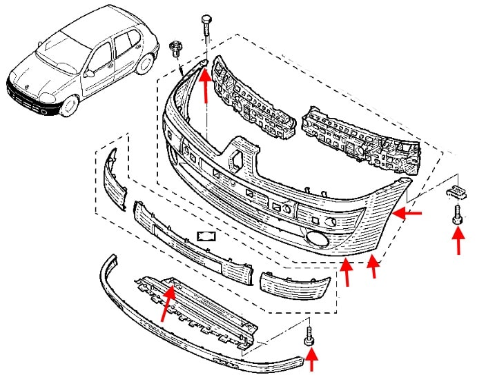 Schéma de montage pare choc avant Renault Clio 2 (1998-2005)
