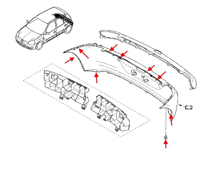 Schéma de montage pare choc arrière Renault Clio 2 (1998-2005)