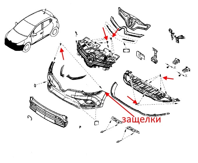 Schéma de fixation pare choc avant Renault Clio 4 (2012-2019)