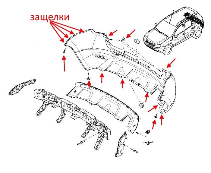 Schéma de fixation pare-chocs arrière Renault (Dacia) Duster