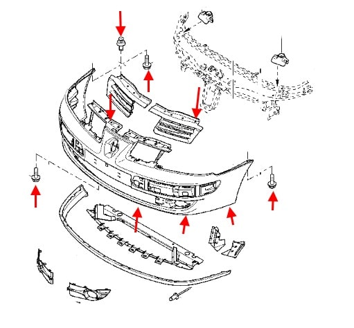 Schéma de fixation pare-chocs avant Renault Espace 4 (2002-2014)