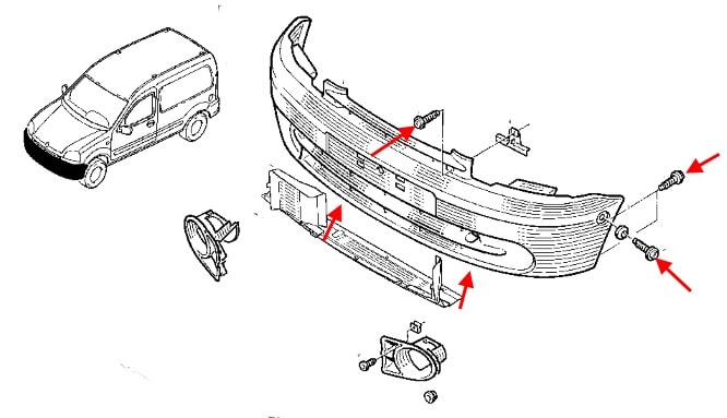 Схема крепления переднего бампера Renault Kangoo 1 (1998-2008)