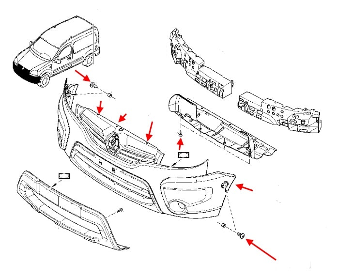 Schéma de montage pare choc avant Renault Kangoo 1 (1998-2008)