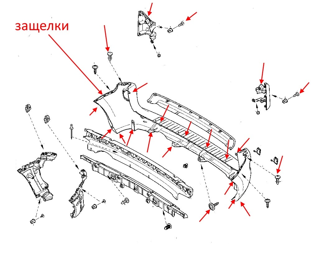 Schéma de fixation pare-chocs arrière Renault Kangoo 2 (après 2007)