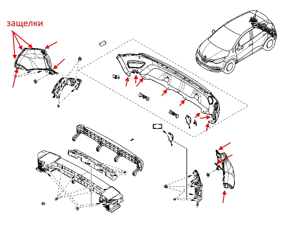 Schéma de fixation pare-chocs arrière Renault Captur (Kaptur)