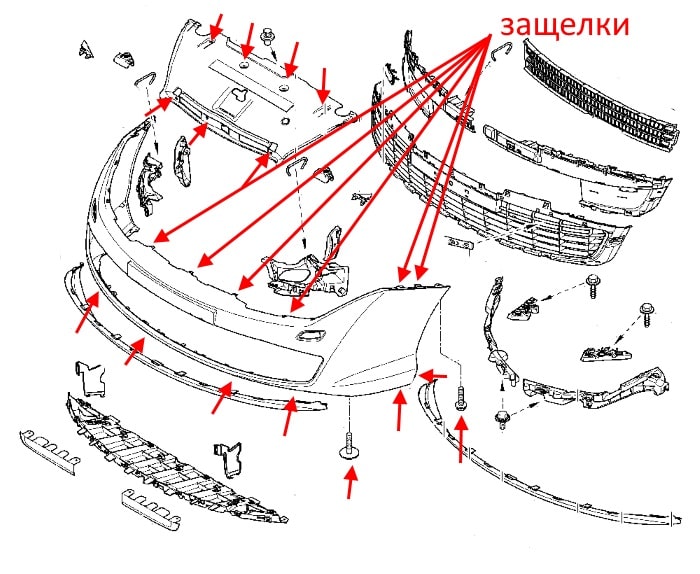 Schéma de montage du pare-chocs avant Renault Laguna 3 (2007-2015)