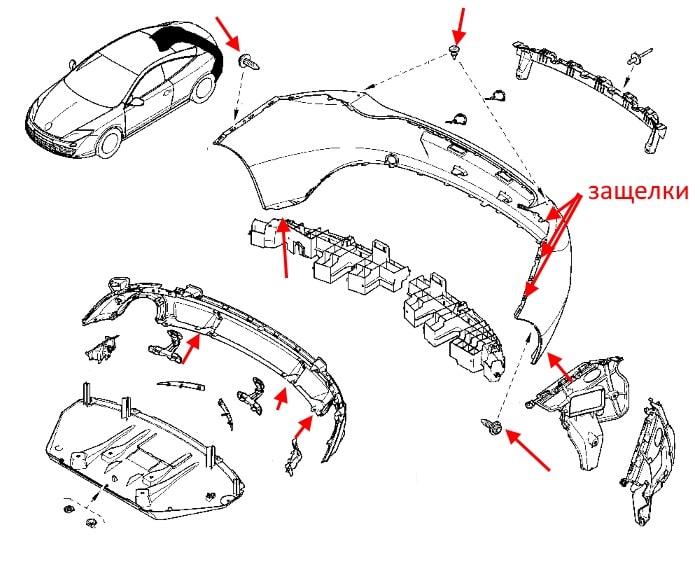 Schéma de fixation du pare-chocs arrière Renault Laguna 3 coupé (2007-2015)
